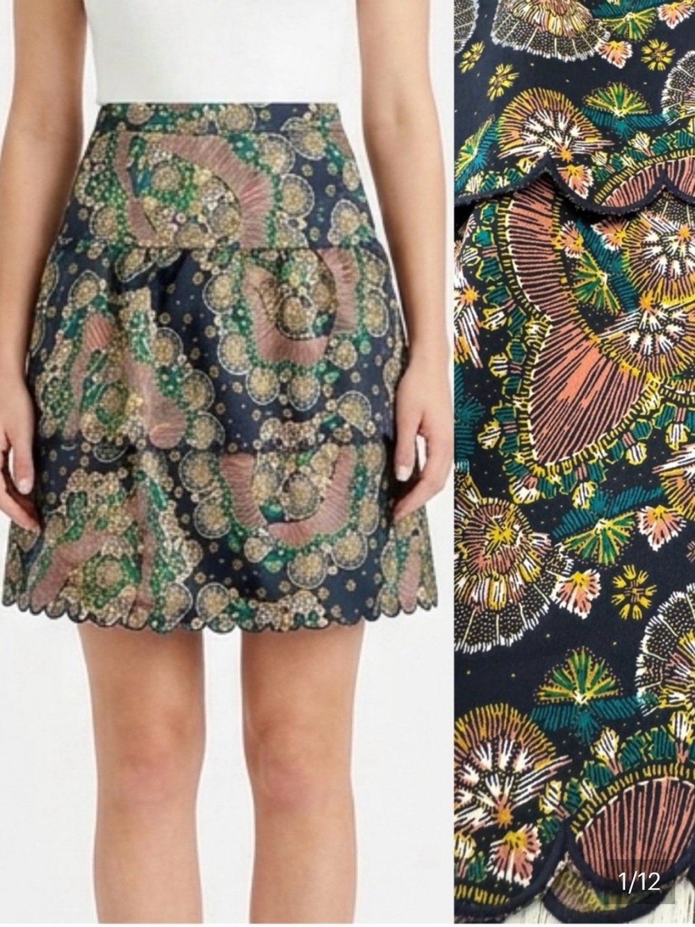 J. Crew Point Sur collection Black Floral Scallop-Hem tiered Skirt. Size 6